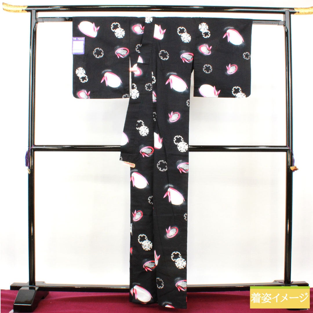 Yukata Cotton Length 164.5cm Sleeve length 64cm S rank Single layer Black Snow rabbit Snow ring 1118005052410