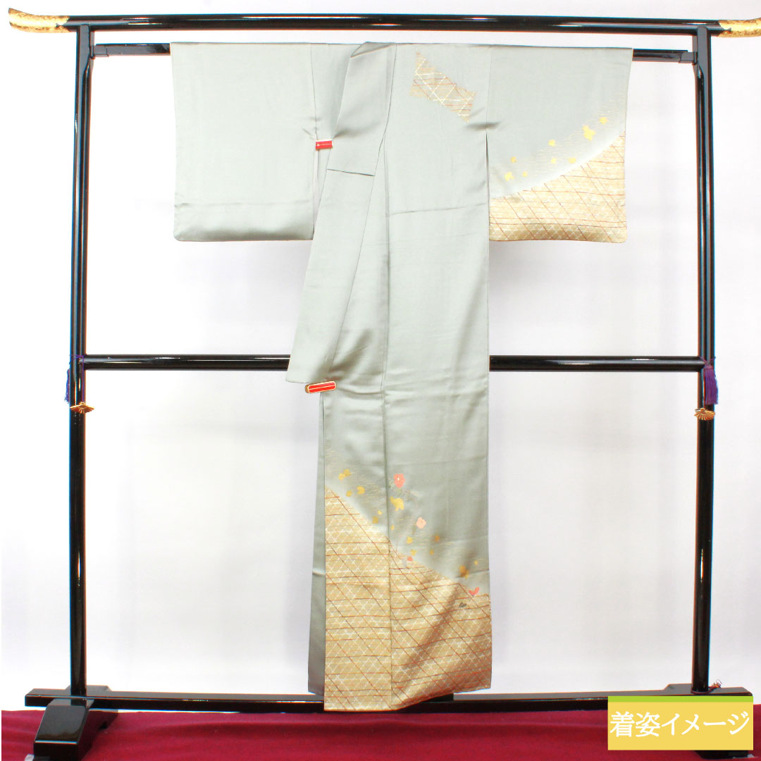 訪問着 正絹 袷 身丈154cm 裄丈65cm 京友禅 刺繡 Aランク 緑系 1112004123219