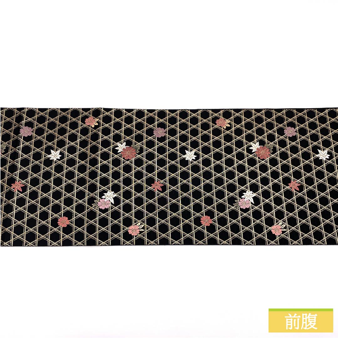 袋帯 正絹 Sランク 籠目 蝶 古典柄 帯丈424cm 全通 セミフォーマル 黒系 1123015342310