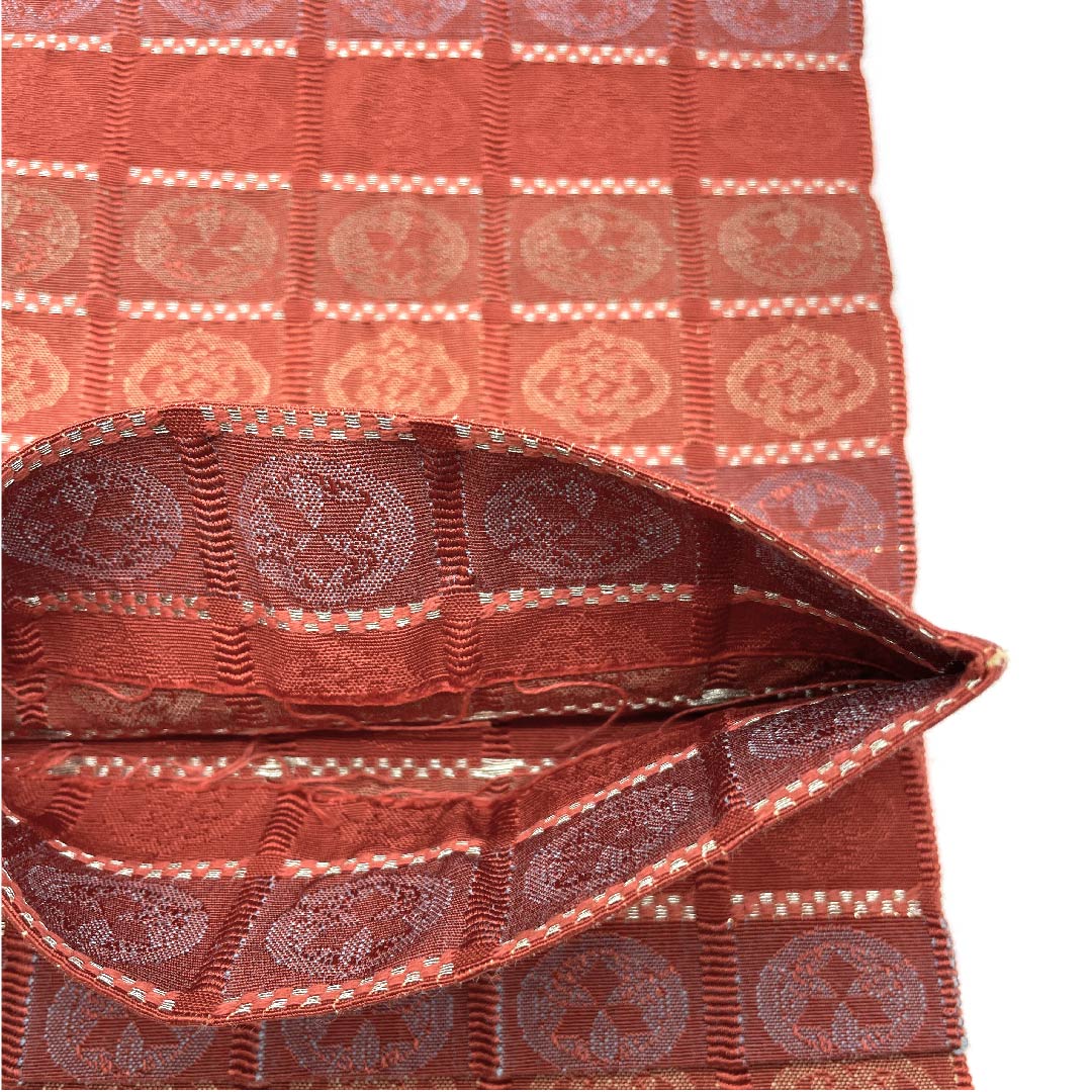 （未仕立）半幅帯 緋銅色色（ひどうしょくいろ） 市松 丸紋 帯丈330cm 木綿 朱系 Sランク 1125000382916