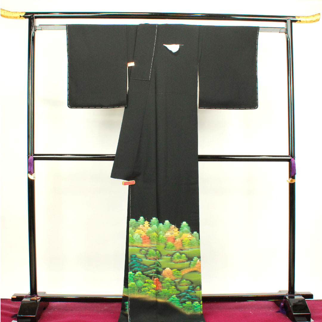 黒留袖 身丈170.5cm 裄丈66cm 袷 紋なし しつけ糸付き 未使用品 京友禅 桂離宮 風景模様 正絹 Sランク なし 黒系 1111001092610
