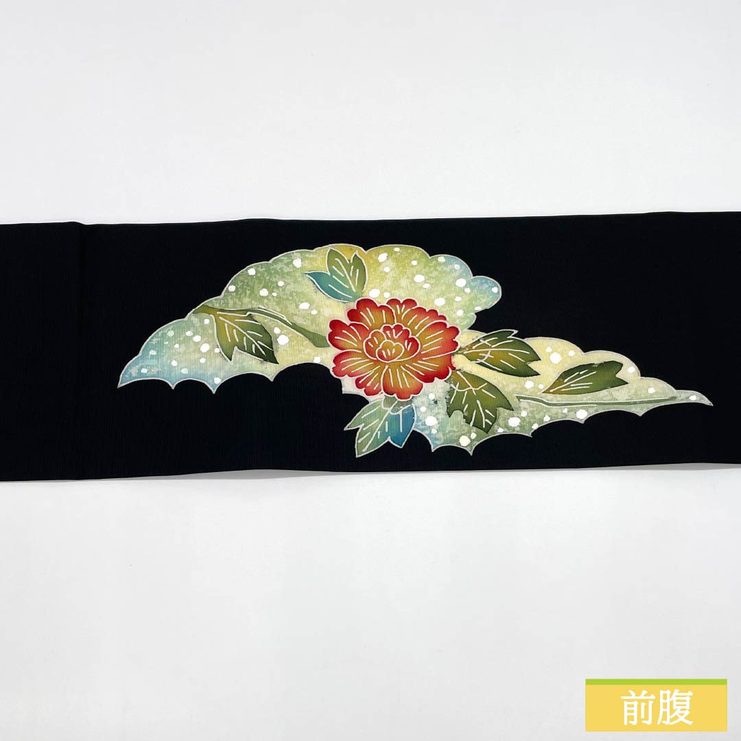 名古屋帯 正絹 Bランク 塩瀬 染め帯 草花模様 帯丈388cm ポイント柄 カジュアル 黒系 1124009824410 名古屋仕立て