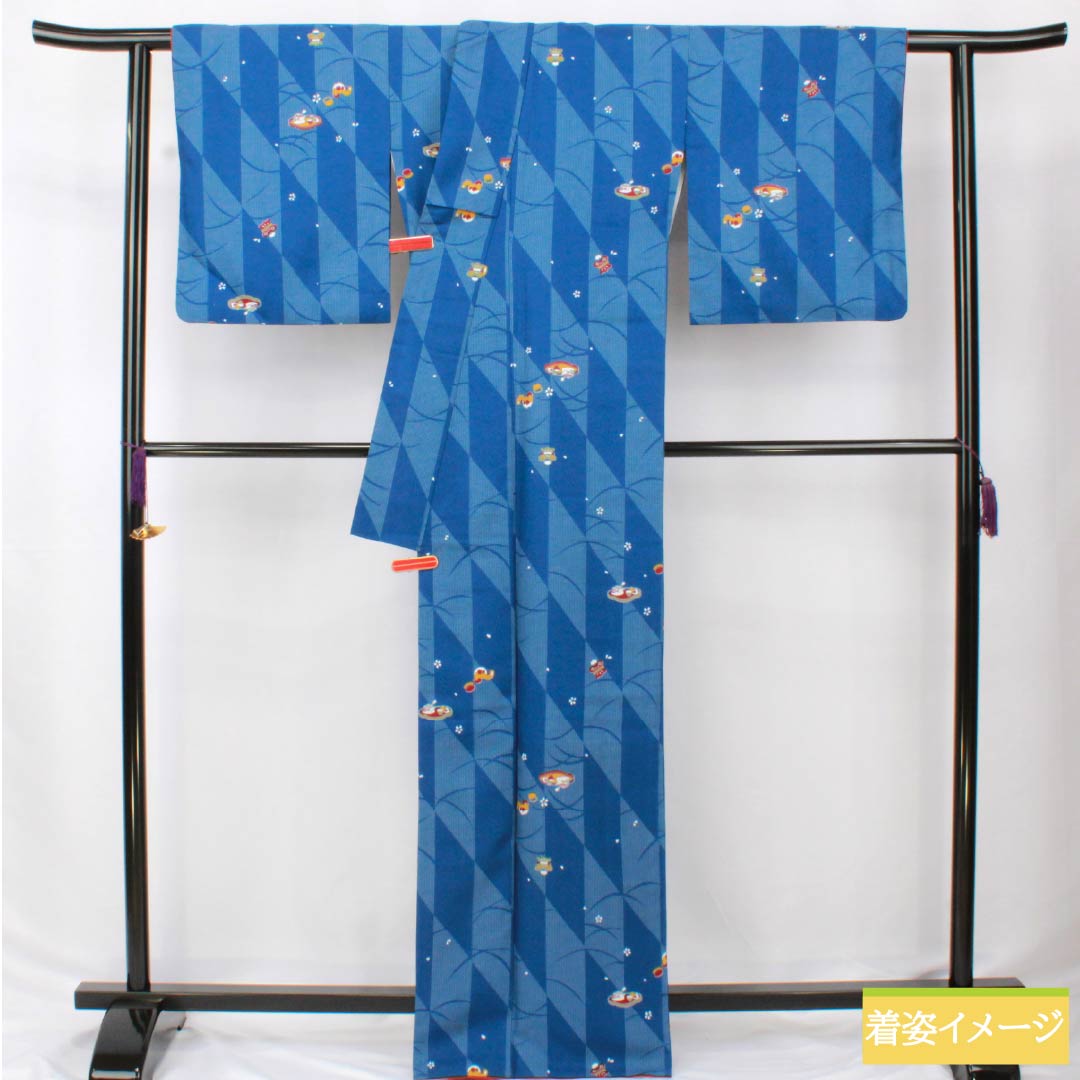 小紋 ポリエステル 身丈166cm 裄丈67cm 袷 紺青色（こんじょういろ） レトロ模様 洗える着物 Sランク 青系 1115005922517