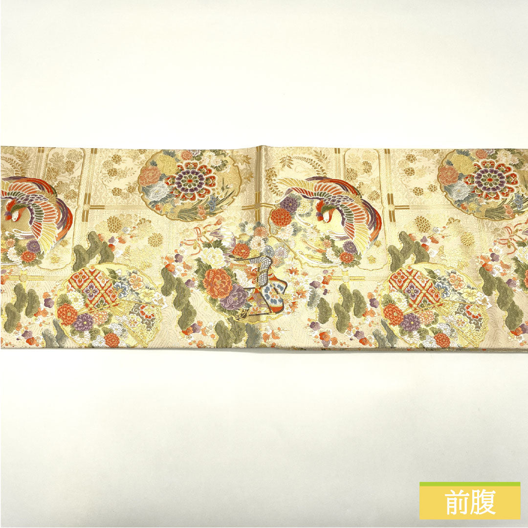 袋帯 正絹 Sランク 鏡裏花鳥文 西陣織 本金二重箔 雪輪 吉祥文様 帯丈436cm 六通 フォーマル 金系 1123016652321