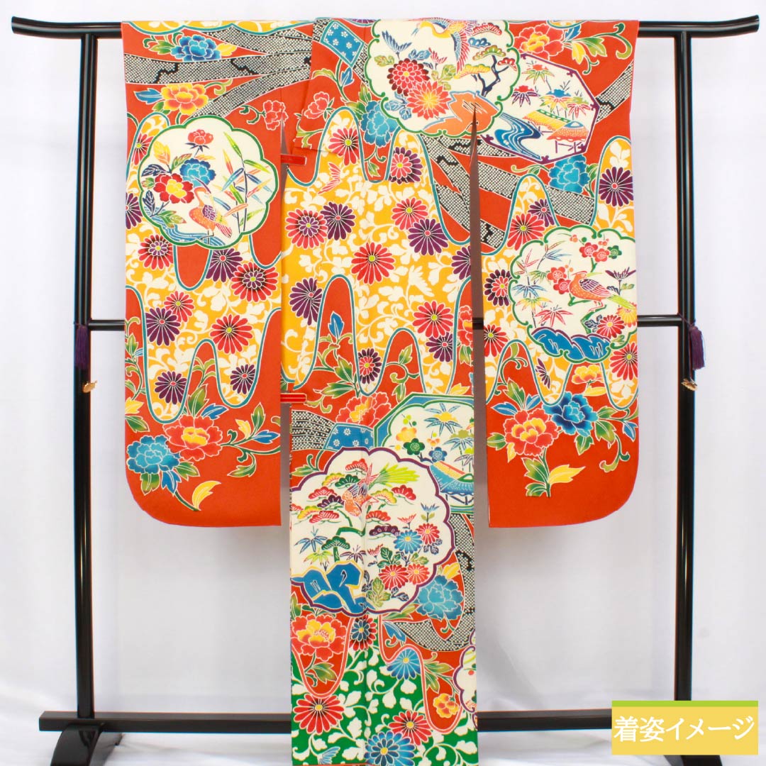 振袖 正絹 Aランク 身丈164cm 裄丈68cm 袷 銀朱色（ぎんしゅいろ） 京紅型 吉祥文様 松竹梅 橙系 1113002263426