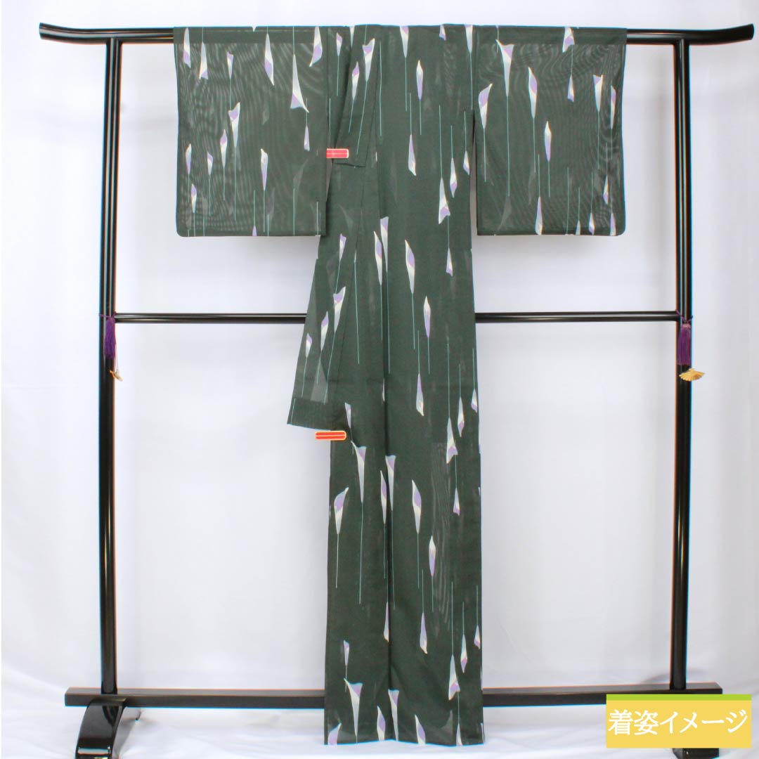 夏物 ポリエステル 小紋 身丈166cm 裄丈65cm カラー 洗える着物 絽 Sランク 緑系 1132002342519