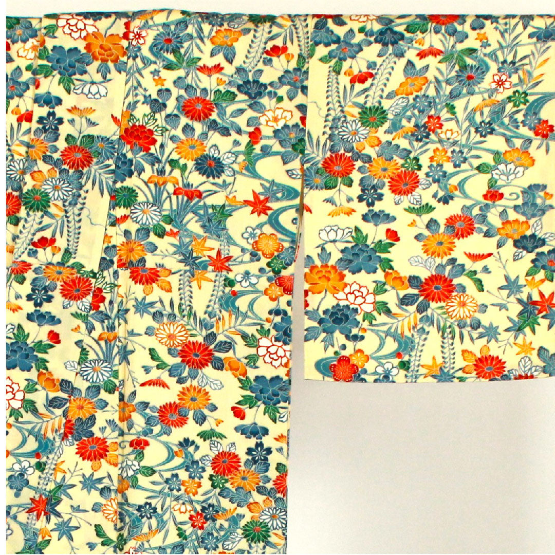 小紋 身丈163cm 裄丈66cm 袷  草花模様  ポリ Aランク クリーム系 1115001663415