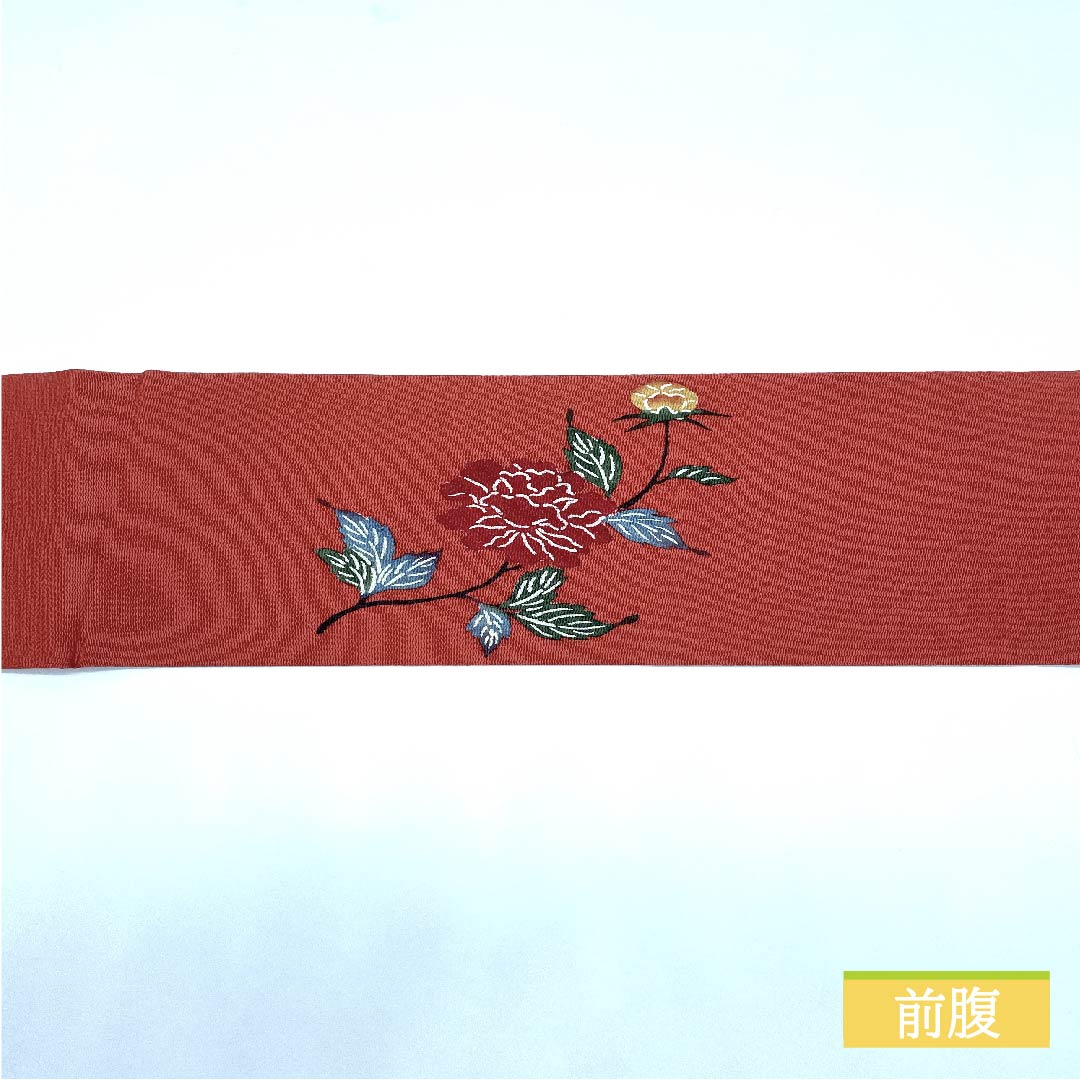 名古屋帯 正絹 似紅色（にせべにいろ） 扇 花 ちりめん 帯丈369cm Sランク ポイント柄 カジュアル 赤系 1124006402312 名古屋仕立て