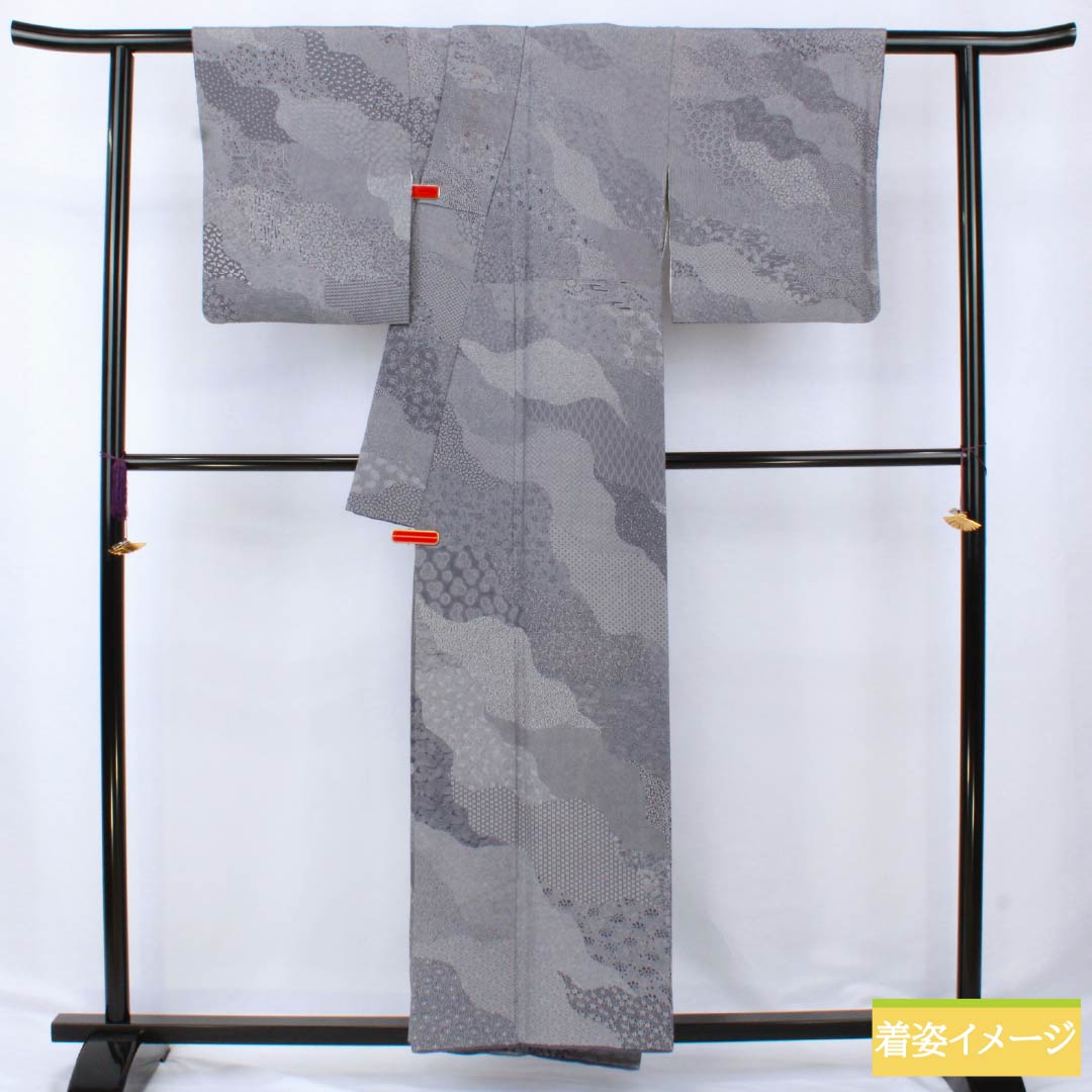 訪問着 正絹 Aランク 袷 身丈155cm 裄丈64.5cm 蒲萄鼠色（ぶどうねずいろ） 江戸小紋 型染 パールトーン加工 吉祥文様 紫系 1112006183320