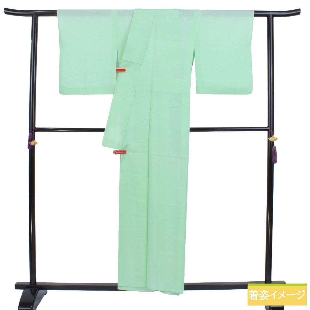 夏物 正絹 色無地 Aランク 身丈155.5cm 裄丈64cm 薄緑色（うすみどりいろ） 素無地 一つ紋 上り藤に一文字 絽 緑系 1132004743319