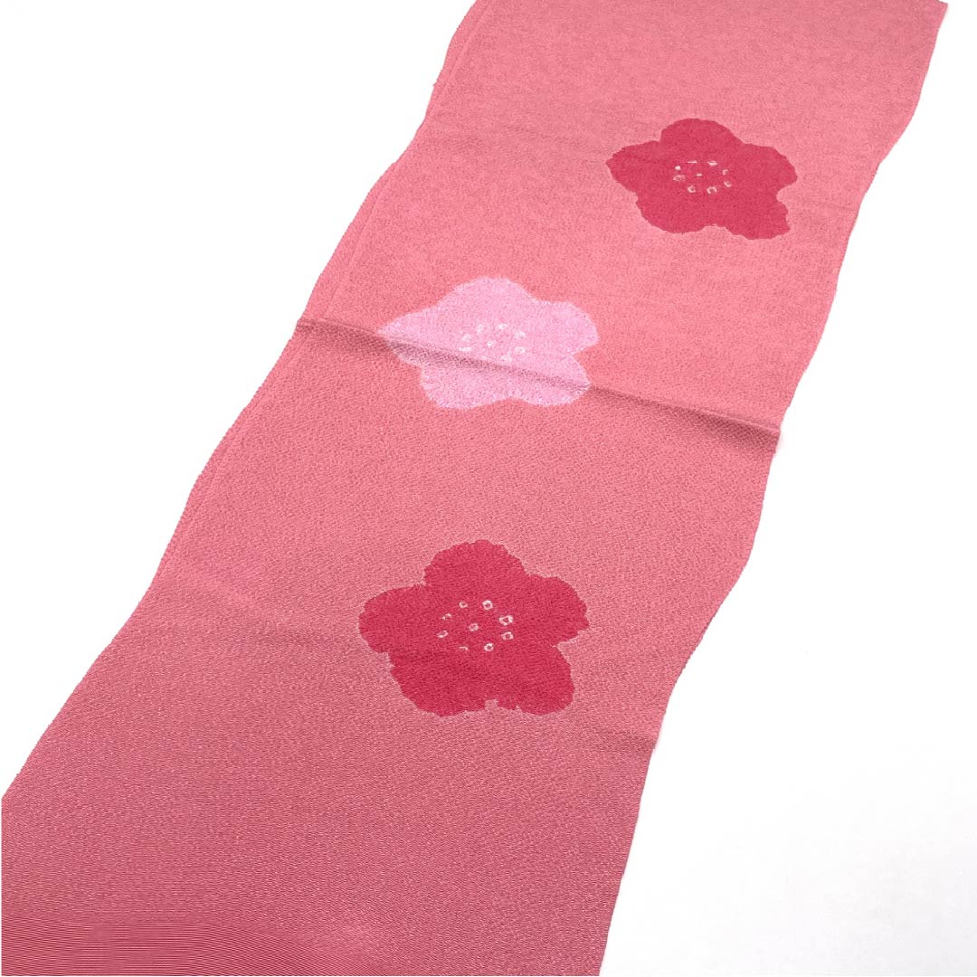 帯揚げ ちりめん カジュアル 中紅花色（なかのくれないいろ） 絞り 梅 花柄 長さ約164cm 幅約27cm Sランク ピンク系 1136000322913