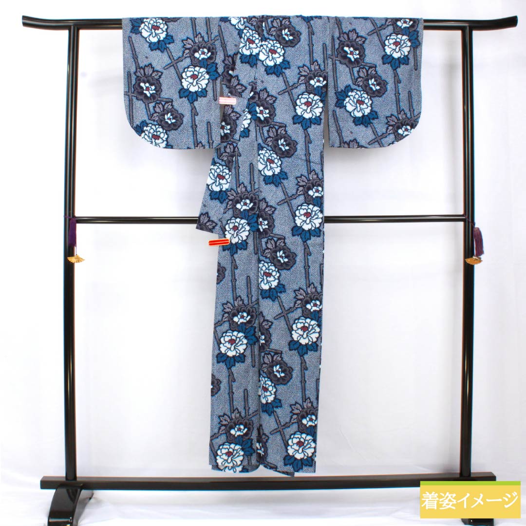 Yukata Cotton Length 149.5cm Sleeve length 62cm S rank Single layer Navy Deep navy Ripple Peony 1118005302118