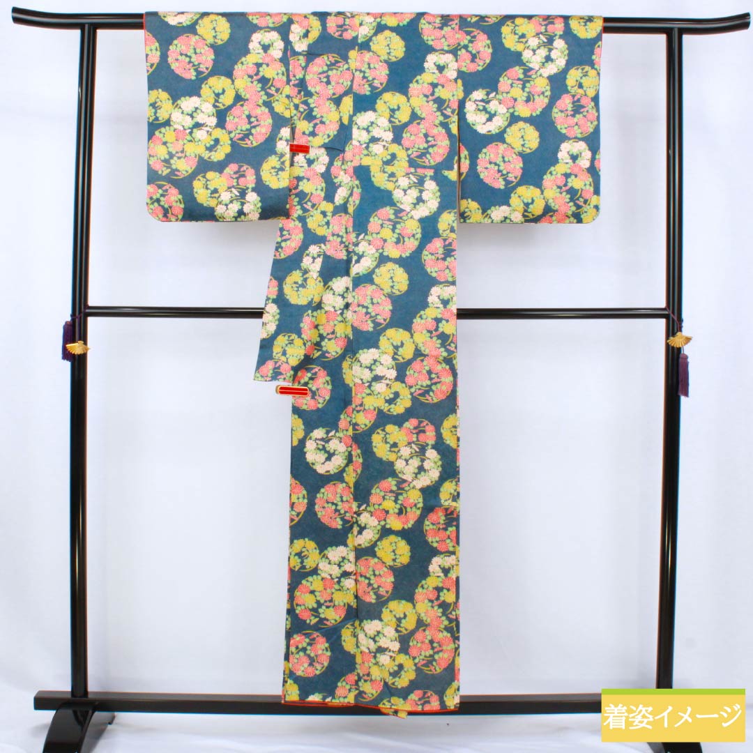 小紋 正絹 Aランク 身丈154cm 裄丈60cm 袷 紺色（こんいろ） 花丸紋 紺系 1115007693218