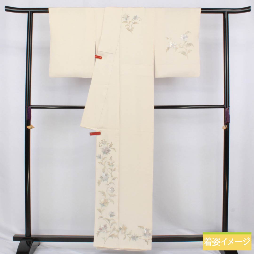 訪問着 正絹 Aランク 袷 身丈158cm 裄丈60cm かざり錦 佐賀錦 小島敏男 通し裏 付下げ 草花模様 クリーム系 1112006803315