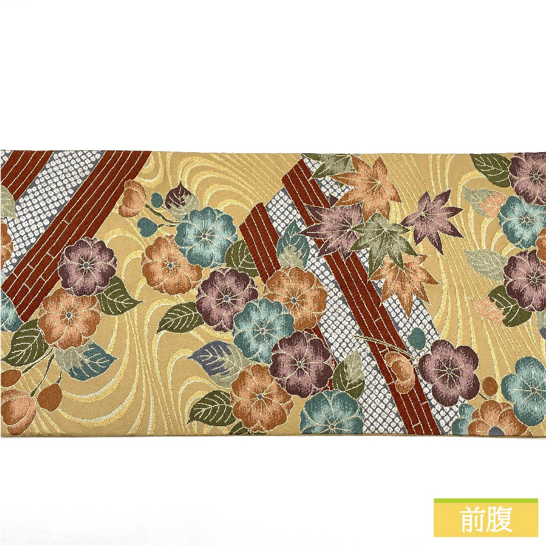 袋帯 正絹 山吹鼠色（やまぶきねずいろ） 紅葉 白綾苑大庭 古典柄 花柄 帯丈433cm Sランク 六通 フォーマル ベージュ系 1123011322325