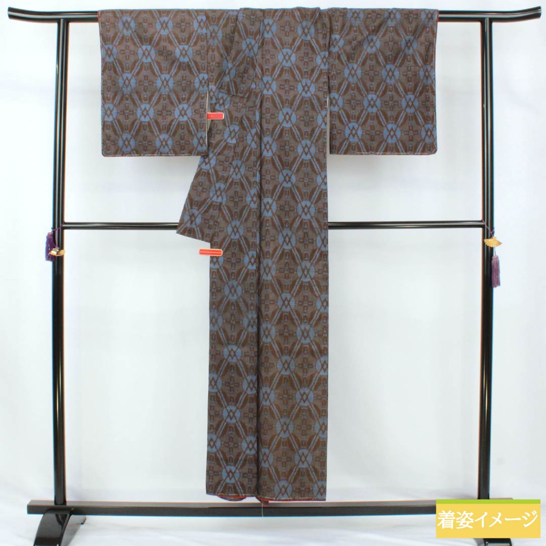 紬 正絹 Sランク 身丈150cm 裄丈63cm 落栗色（おちぐりいろ） 抽象模様 しつけ糸付き 袷 茶系 1116004812114