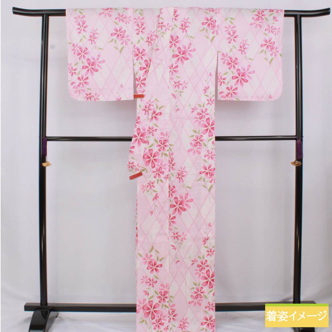 Cotton Yukata, Length 168.5cm, Sleeve Length 66cm, S Rank, Single Layer, Pink, Faded Red (Arasomeiro), Kagome Flower Pattern, 1118006322513