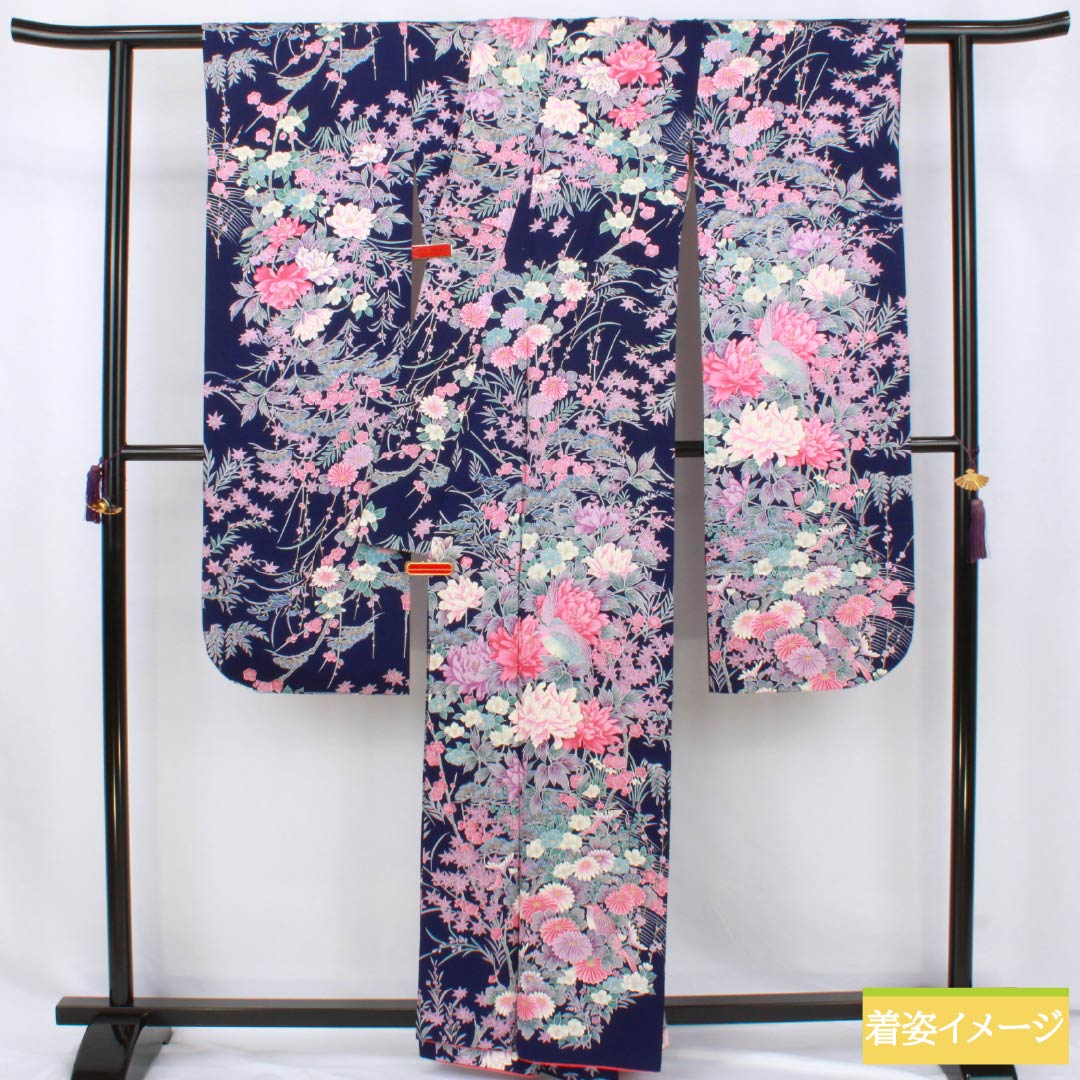 Pure silk furisode (long-sleeved kimono) - Grade A, length 159cm, sleeve length 63cm, lined, in navy blue with bellflower and plum blossom motifs in Kyoto Yuzen. Product code: 1113002623318