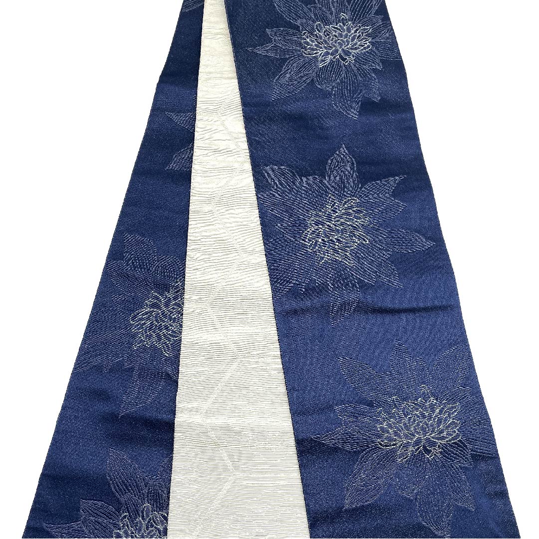 半幅帯 ポリエステル 鉄葡萄色（てつぶどういろ） 花柄 象牙色（ぞうげいろ） 亀甲に花 リバーシブル 長尺 帯丈400cm 紺系 Sランク 1125001292318