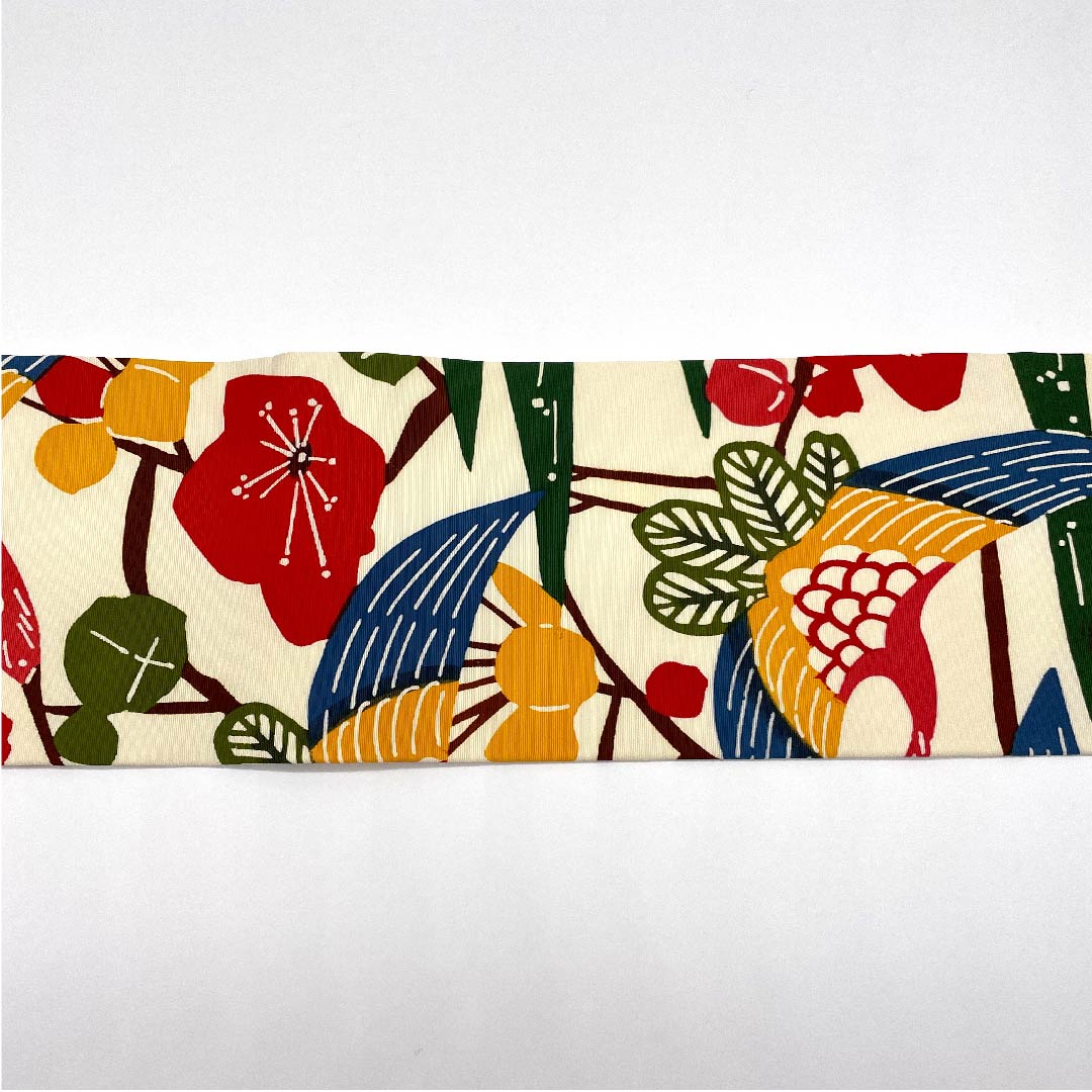 名古屋帯 乳白色色 型染 京紅型 鳥 花模様 帯丈353cm 正絹 Sランク 全通 カジュアル 白系 1124003592311  名古屋仕立て