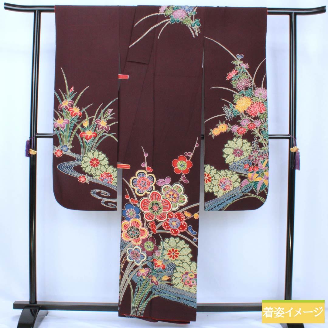 振袖 身丈154.5cm 裄丈64.5cm 正絹 秀品 【中古】 リサイクル着物】振袖 正絹 Sランク 身丈155.5cm 裄丈64.5cm 袷 生臙脂