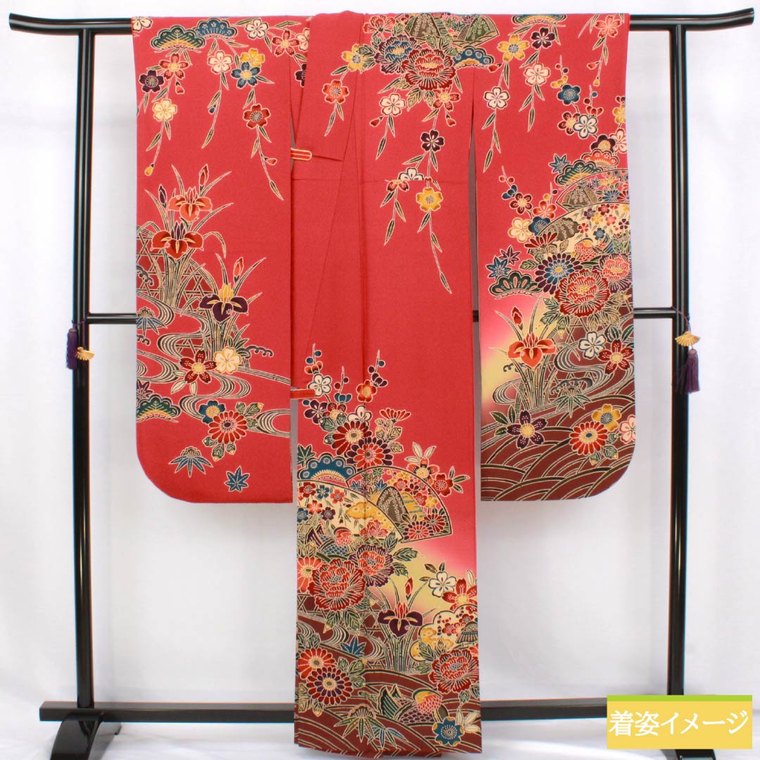 Silk Furisode, S-rank, Length 162.5cm, Sleeve-to-sleeve 68cm, Lined, Momiiro (crimson), Kyo-Bingata, Auspicious patterns, Floral, Fan motif, Flowing water, Red family, 1113002672412
