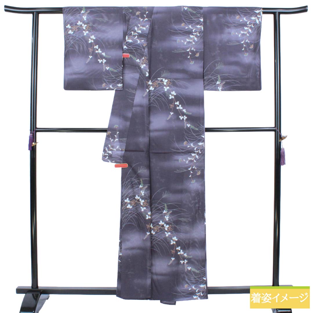 夏物 ポリエステル 小紋 Aランク 身丈159.5cm 裄丈65cm 深滅紫色（ふかきけしむらさきいろ） 洗える着物 秋草模様 絽 紫系 1132005573320