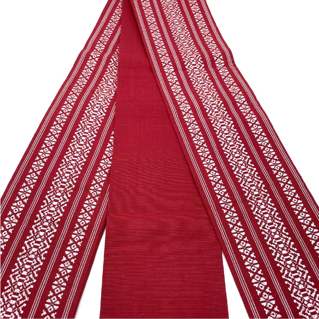 （未仕立）半幅帯 木綿 茜色（あかねいろ） 献上柄 博多織 帯丈316cm 朱系 Aランク 1125001673316