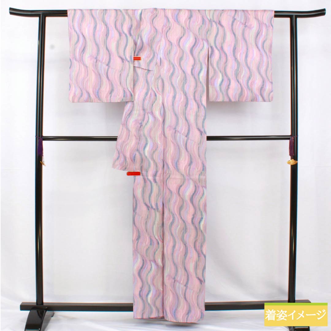 小紋 ポリエステル 身丈161.5cm 裄丈65.5cm 袷 洗える着物 よろけ縞 Sランク グラデーション系 1115005152499
