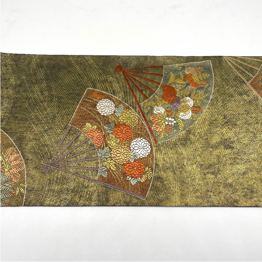 （未仕立）袋帯 金色 扇面 花模様 帯丈443cm 正絹 Sランク 六通 フォーマル 金系 1123005932321