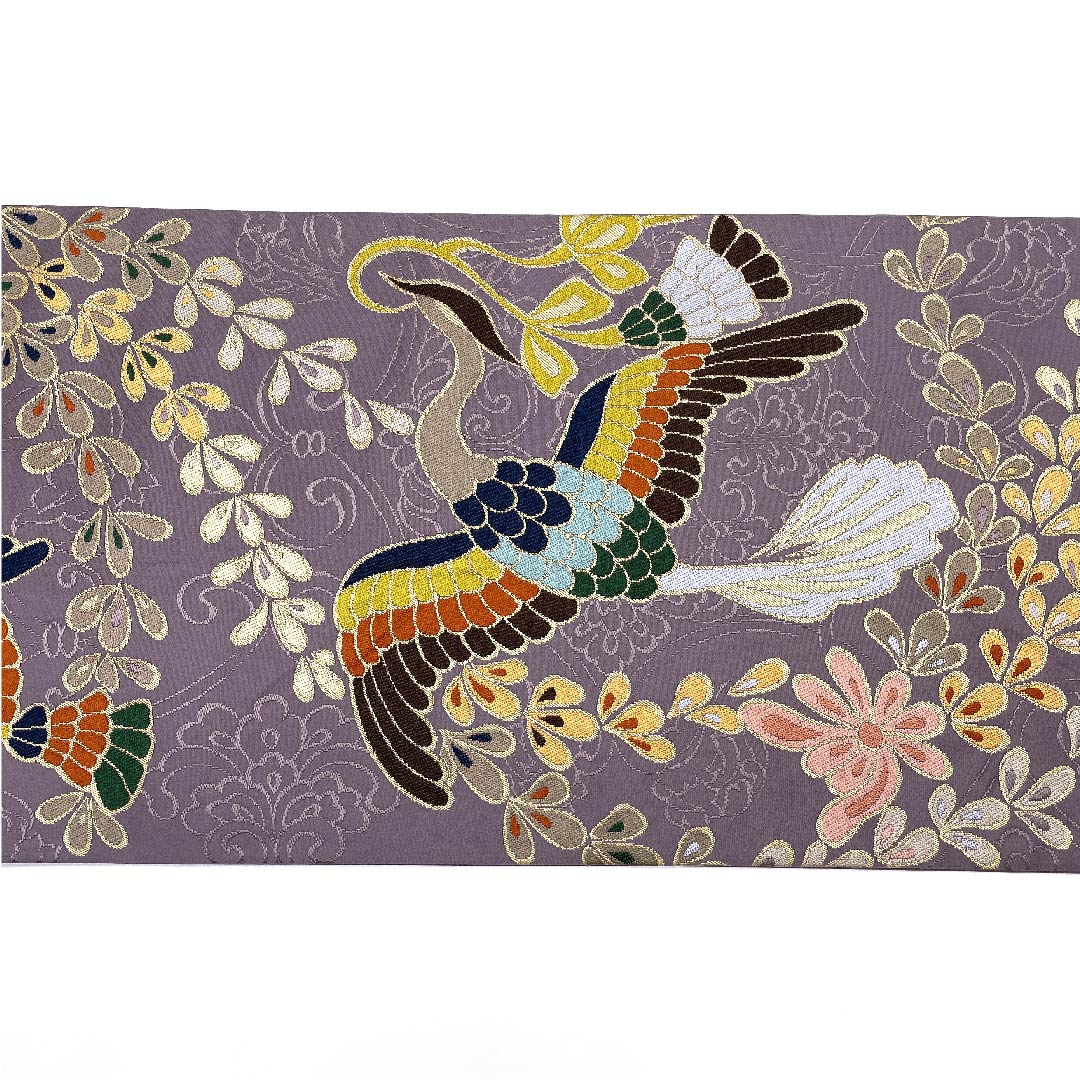 袋帯 浅滅紫色（あさきけしむらさきいろ） 振袖用 白綾苑大庭 鳥 花 帯丈427cm 正絹 Sランク 六通 フォーマル 紫系 1123009482320