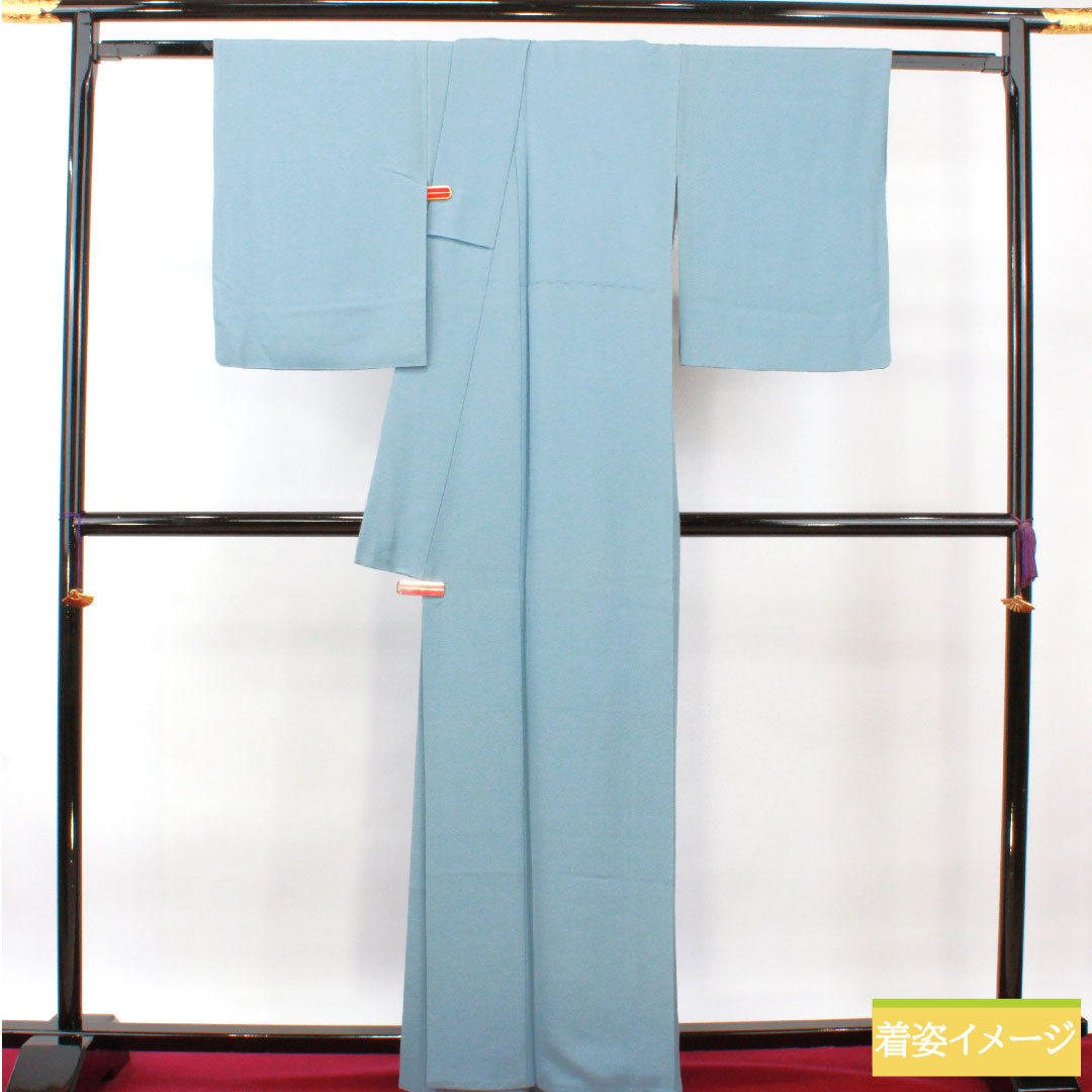 色無地 正絹 身丈164.5cm 裄丈66.5cm 朧花色（おぼろはないろ） 生繰り生糸使用 素無地 一つ紋 袷 Sランク 青系 1114001402417