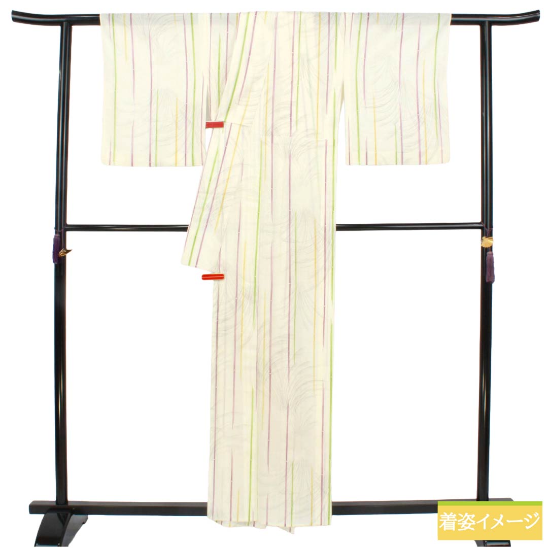 夏物 ポリエステル 小紋 Aランク 身丈158cm 裄丈64cm 乳白色（にゅうはくしょく） 洗える着物 竹 ススキ 絽 クリーム系 1132006083315