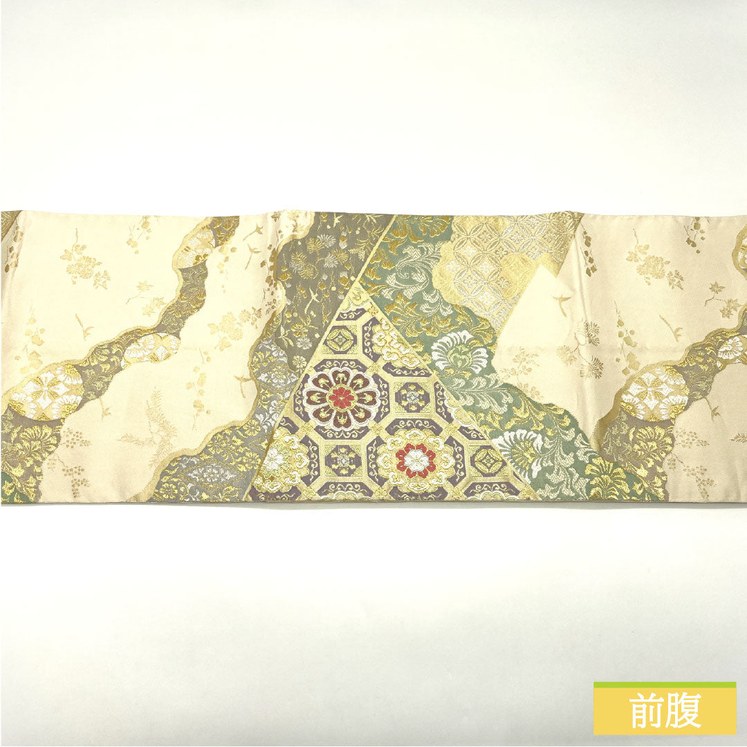 袋帯 正絹 Bランク 乳白色（にゅうはくしょく） 西陣織 吉祥文様 帯丈448cm 六通 フォーマル クリーム系 1123016094315
