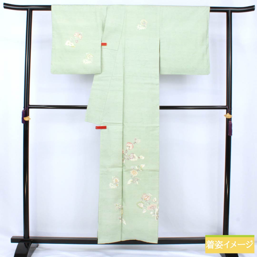 訪問着 正絹 Aランク 袷 身丈155cm 裄丈61cm 薄緑色（うすみどりいろ） 牛首紬 一つ紋 中陰蔦 草花 緑系 1112007533319