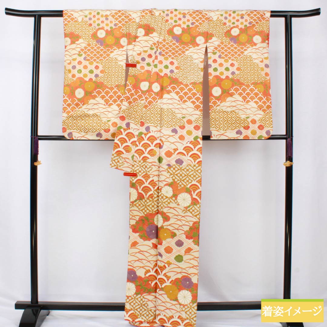 Visiting Kimono, Pure Silk, A-Rank, Lined, Length 164cm, Sleeve Length 62cm, Red-Orange, Kyoto Yuzen, Auspicious Design, Chrysanthemum, Seigaiha, Orange, Item Number 1112006593426