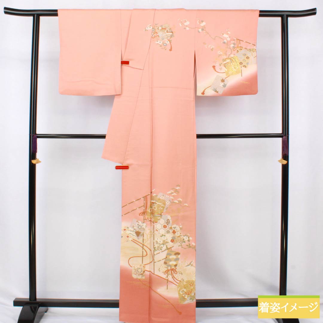 Visiting Kimono, Pure Silk, S Rank, Lined, Length 163.5cm, Sleeve Length 64cm, Tokiiro (Pink), Kyo-Yuzen, Classic Pattern, Shikishi (Colored Paper), Product Number: 1112006632413