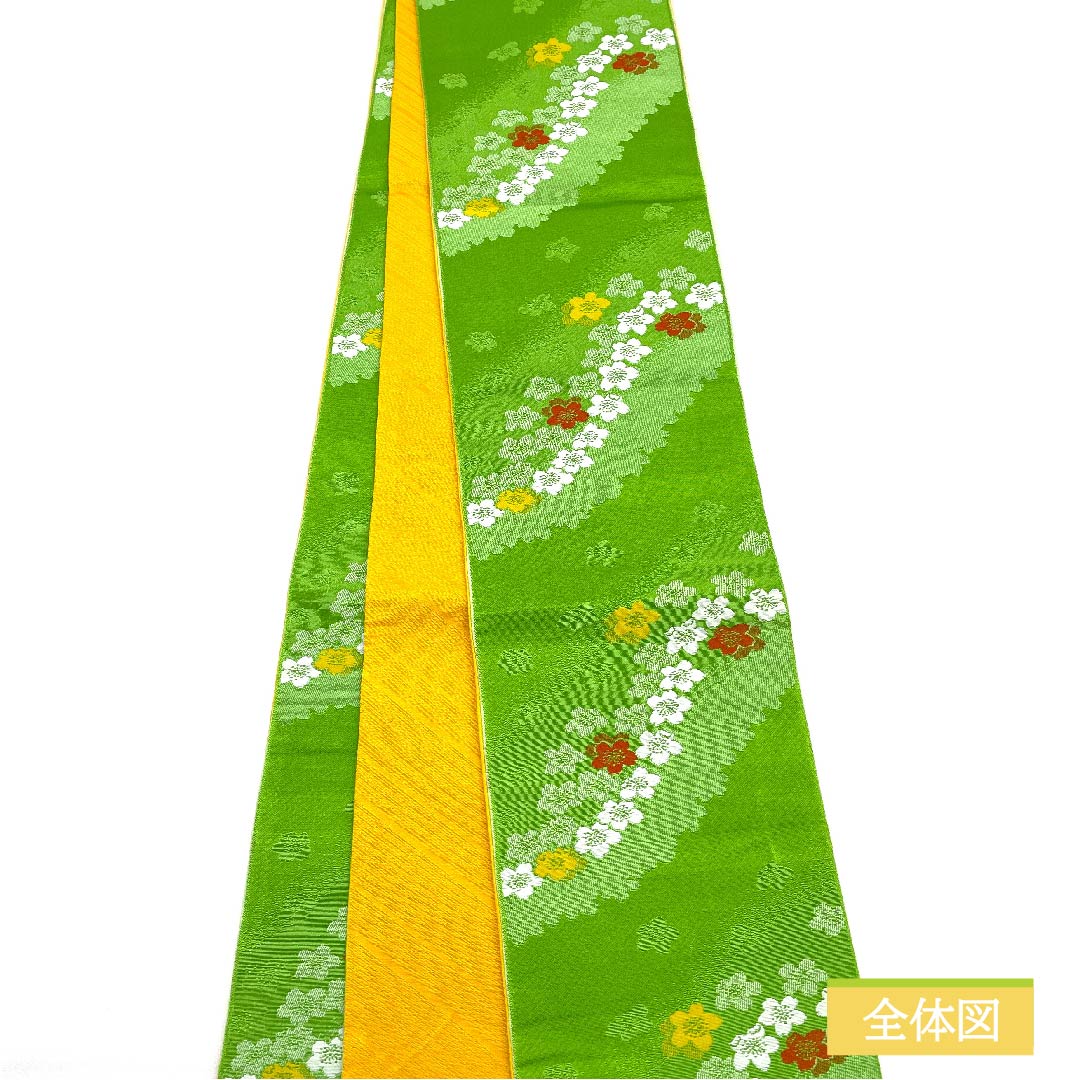 （未仕立）半幅帯 ポリエステル 萌黄色（もえぎいろ） 花柄 小桜 リバーシブル 古典柄 帯丈342cm 緑系 Sランク 1125000922319