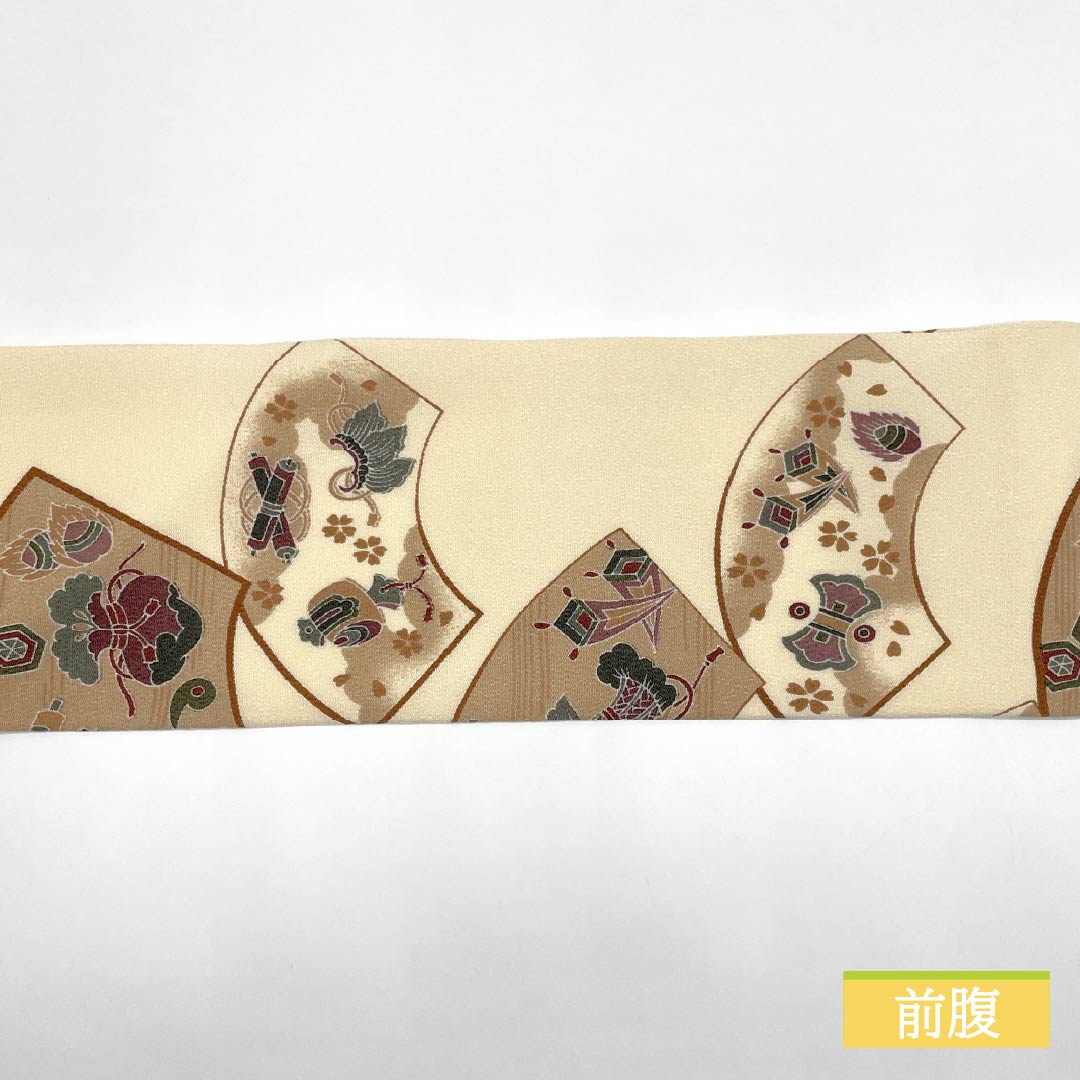 名古屋帯 生成り色（きなりいろ） ちりめん地 染め帯 扇面 帯丈365cm 正絹 Aランク 全通 カジュアル ベージュ系 1124007183325 名古屋仕立て