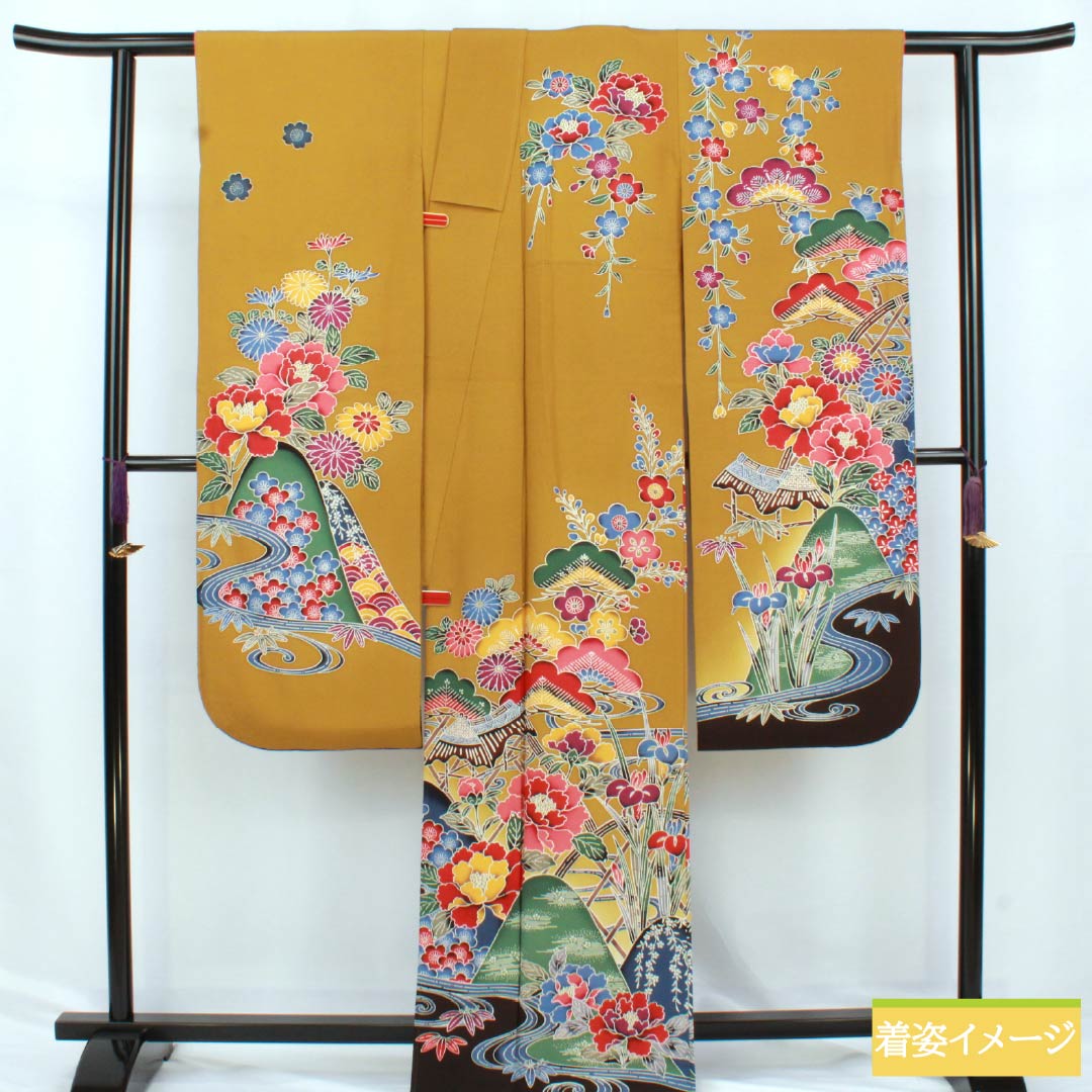 振袖 正絹 Sランク 身丈166cm 裄丈67cm 袷 木蘭色（もくらんじき） 京紅型 吉祥文様 松 菖蒲 橙系 1113002302526