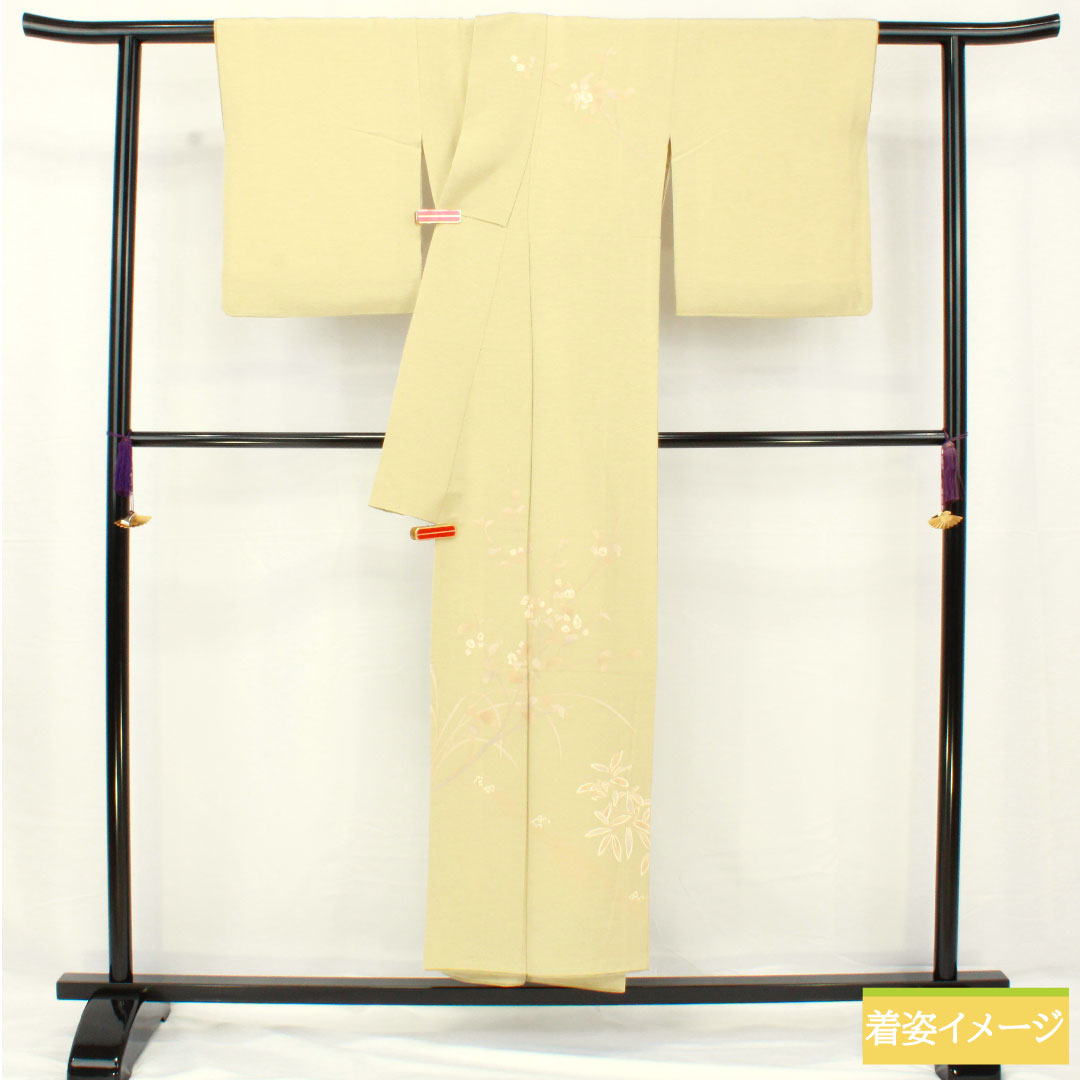 訪問着 正絹 袷 身丈151cm 裄丈61cm 硫黄色）いおういろ） 京友禅 草花模様 一つ紋 三ツ割藤 Aランク 緑系 1112005593219