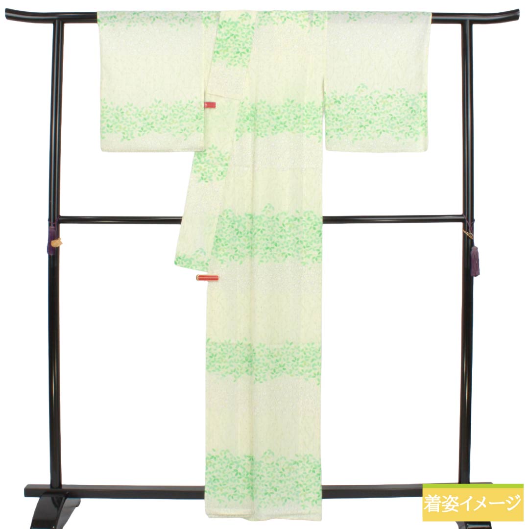 夏物 ポリエステル 小紋 Sランク 身丈161.5cm 裄丈64.5cm 乳白色（にゅうはくしょく） 型染 葉模様 横段 絽 白系 1132004952411