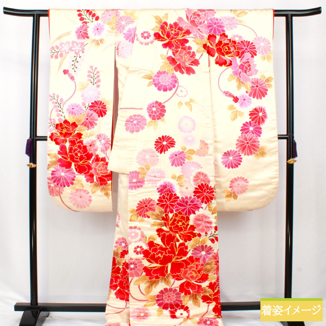 色打掛 正絹 Aランク 身丈195cm 裄丈67.5cm 鳥居ユキ 菊 桜 袷 クリーム系 1110001013915