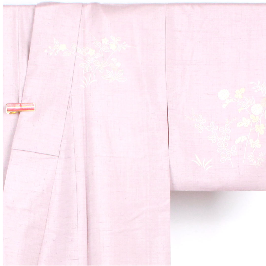 訪問着 袷 身丈153cm 裄丈60.5cm 草花模様 紬地 淡紅藤色 正絹 Aランク 紫系 1112001483220