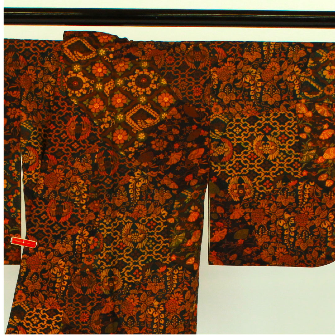 小紋 身丈158cm 裄丈64cm 袷  更紗模様  正絹 Aランク 茶系 1115000443314