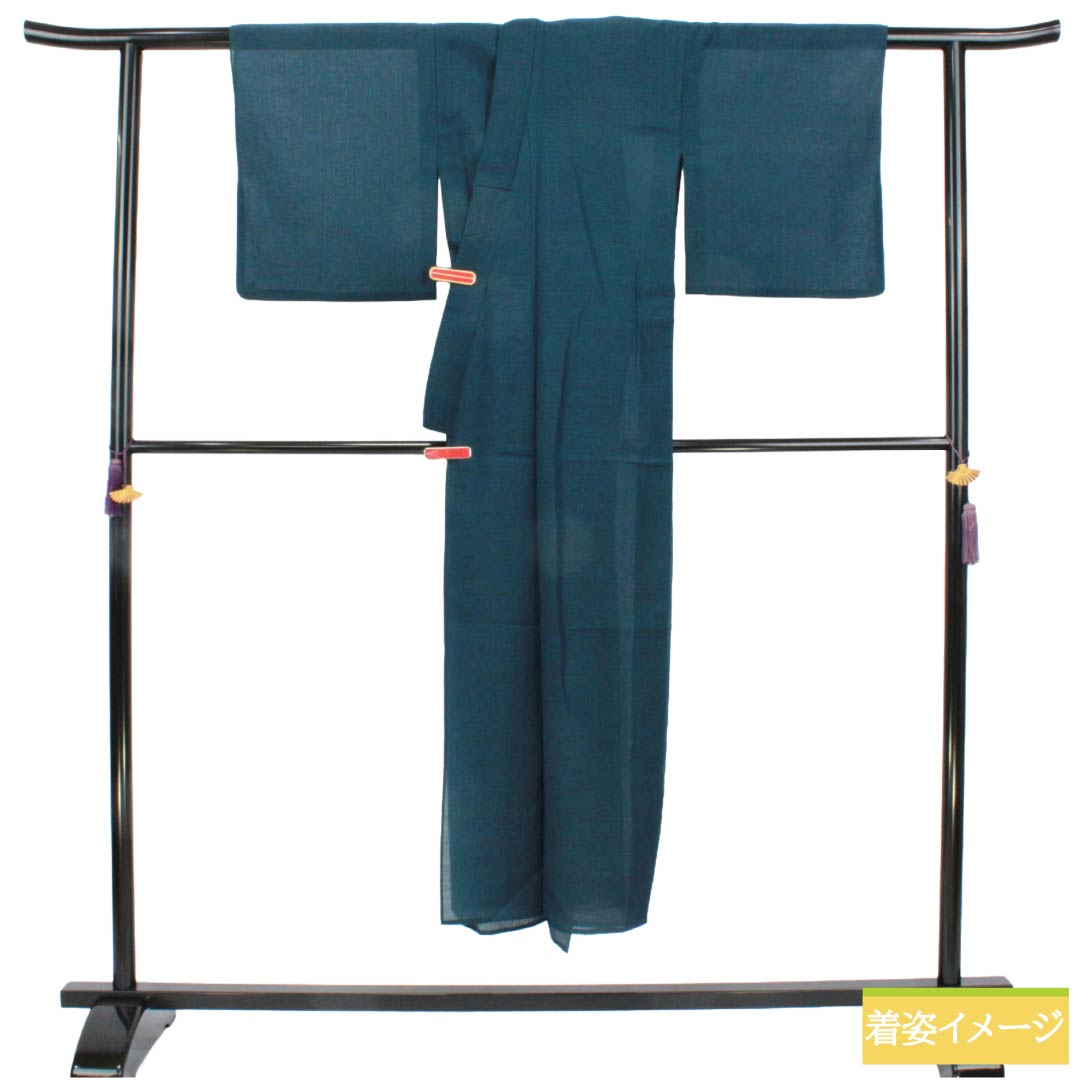 夏物 ポリエステル 色無地 Sランク 身丈143.5cm 裄丈65cm 海松藍色（みるあいいろ） 洗える着物 縮風 紗 緑系 1132006052119