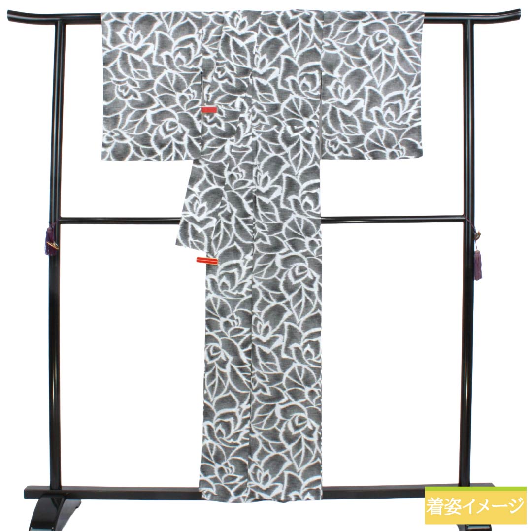 夏物 ポリエステル 小紋 Sランク 身丈155.5cm 裄丈62.5cm 洗える着物 抽象花 紗 モノトーン 1132006202327