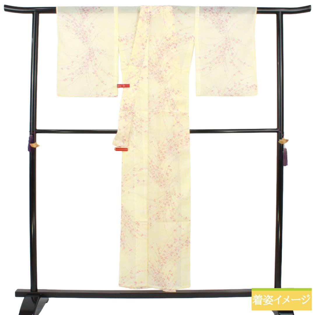 夏物 ポリエステル 小紋 Sランク 身丈151.5cm 裄丈66.5cm 白百合色（しらゆりいろ） 草花模様 居敷当て付き 絽 黄系 1132004492223