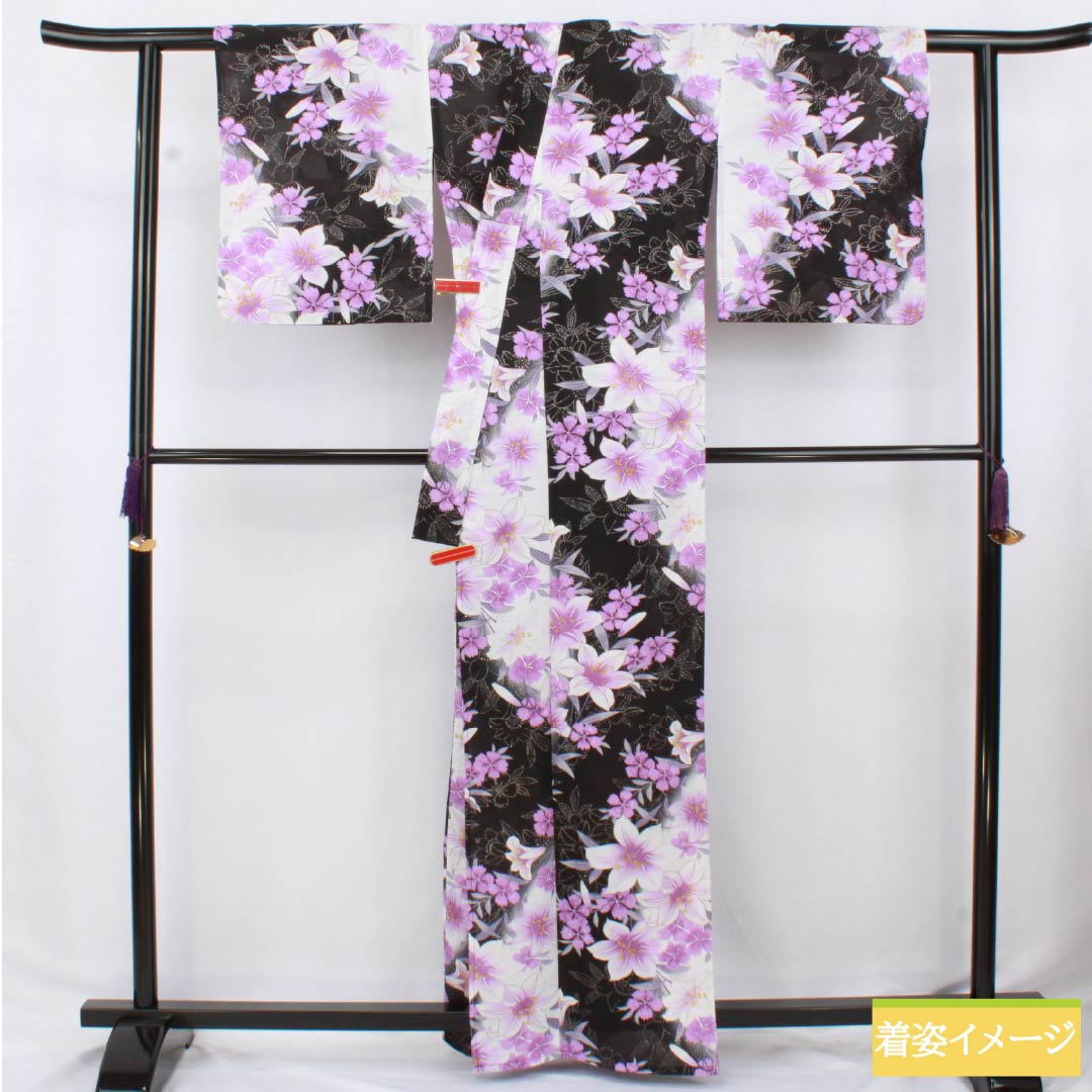 浴衣 木綿 身丈164cm 裄丈65cm Sランク 単衣 モノトーン 洋花 ラメ 1118006542427
