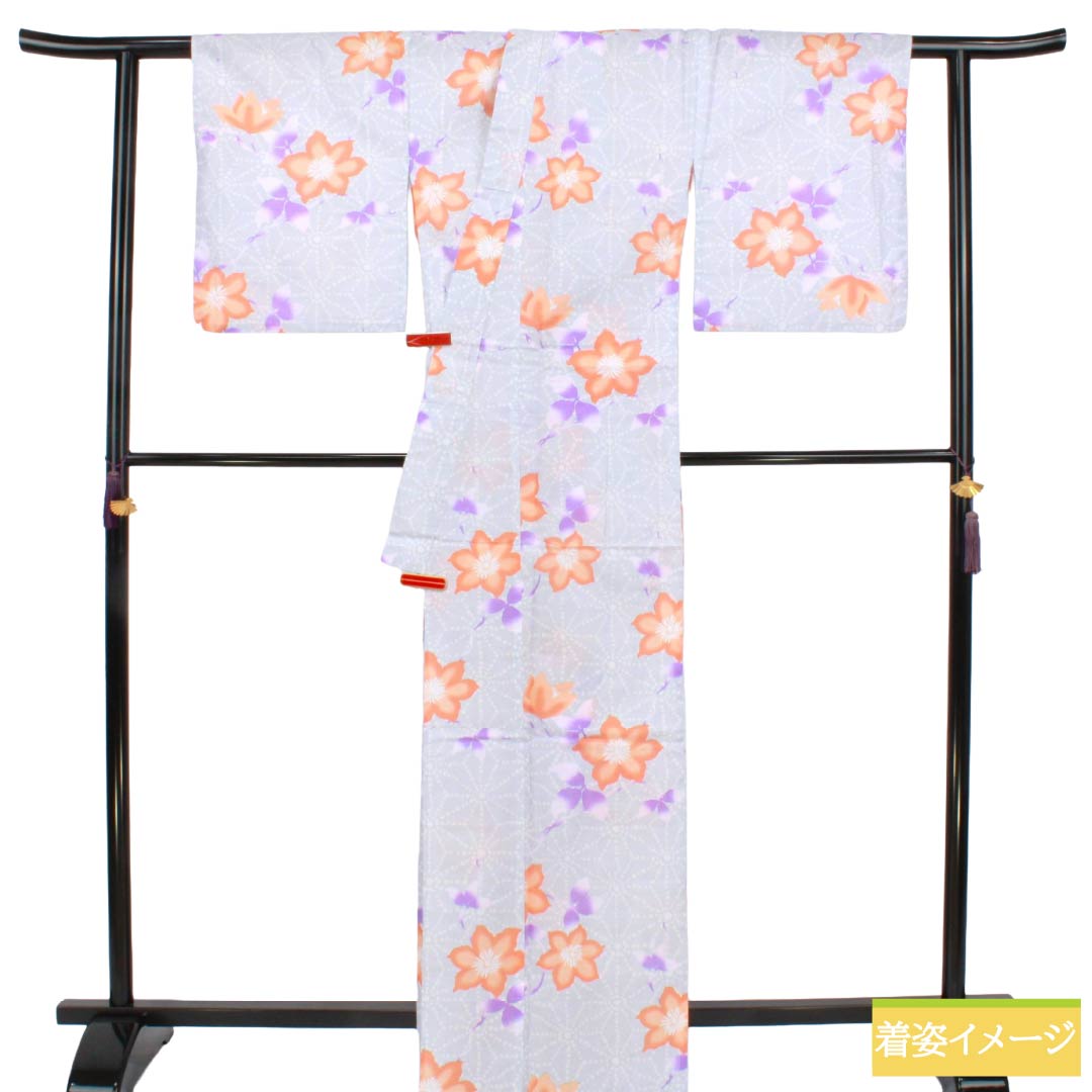 浴衣 木綿 Sランク 身丈166cm 裄丈67cm 白銅色（はくどういろ） 麻の葉 花柄 単衣 グレー系 1118007312522